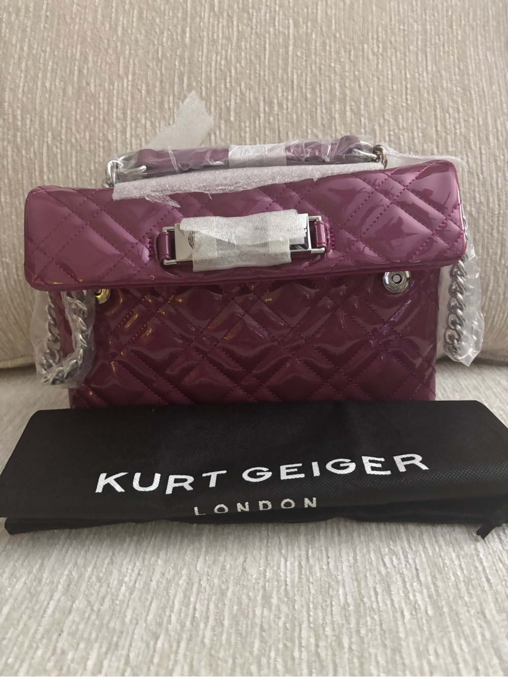 Kurt Geiger London Kingsley Quilted Patent Leather Shoulder Bag Purple NWT